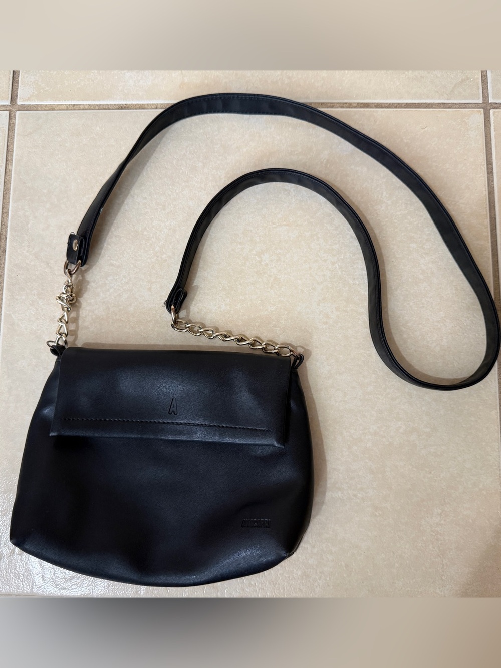 Anacapri Black Faux Leather Crossbody Bag Flap Shoulder Purse Chain Strap